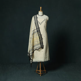 White - Kutch Bhujodi Handloom Kala Cotton 3pc Unstitched Dress Material Suit Set 24