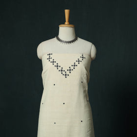 White - Kutch Bhujodi Handloom Kala Cotton 3pc Unstitched Dress Material Suit Set 24