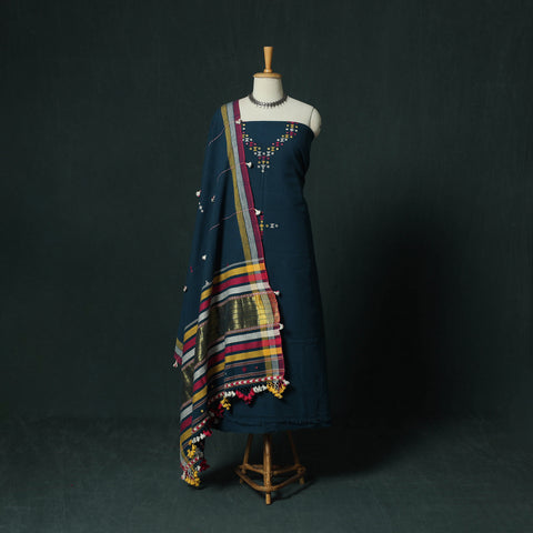 Blue - Kutch Bhujodi Handloom Kala Cotton 3pc Unstitched Dress Material Suit Set 26