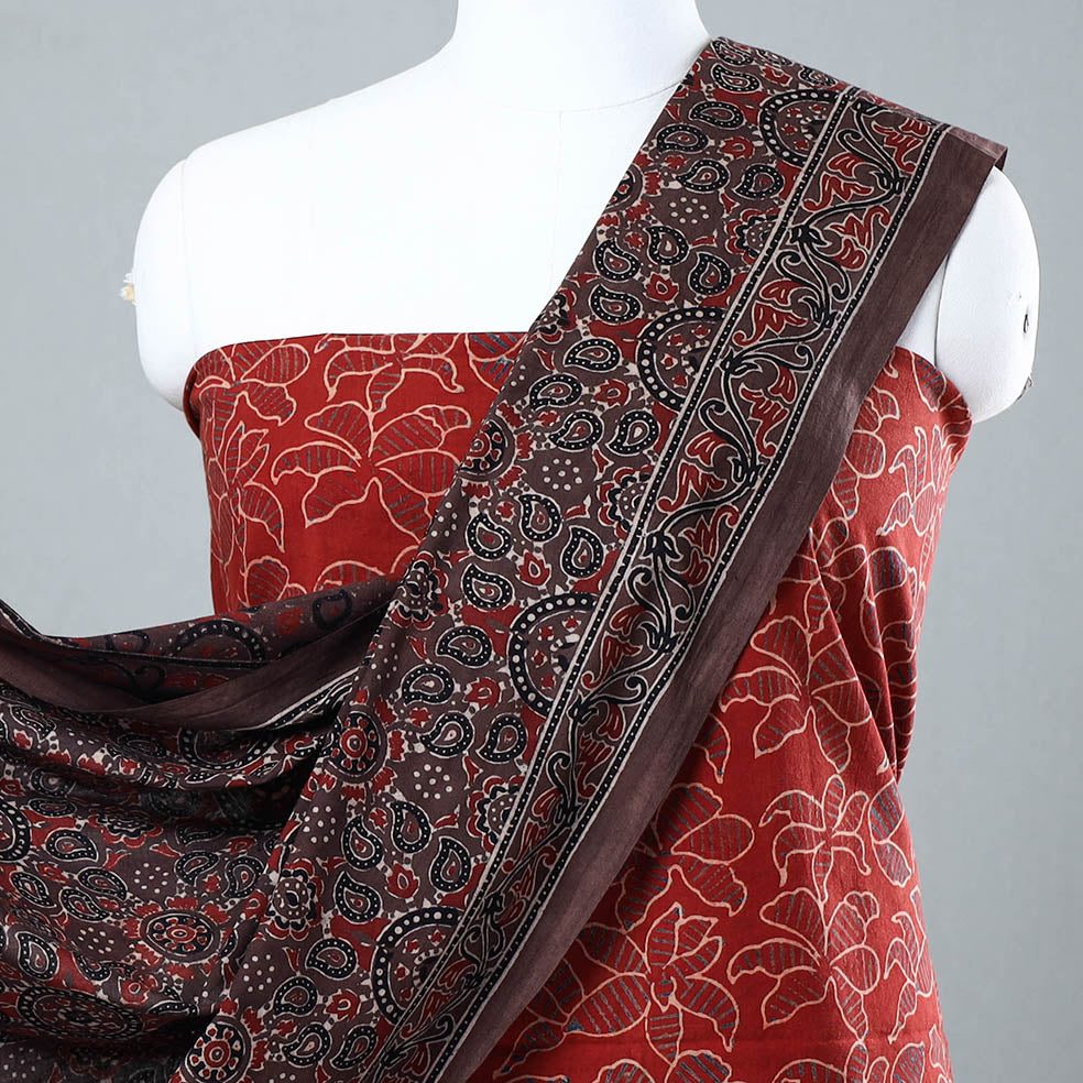 Red - 3pc Ajrakh Block Printed Cotton Suit Material Set