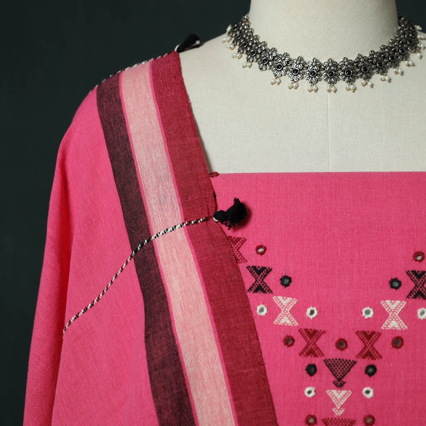 Pink - Kutch Bhujodi Handloom Kala Cotton 3pc Unstitched Dress Material Suit Set 27