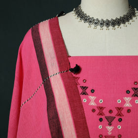 Pink - Kutch Bhujodi Handloom Kala Cotton 3pc Unstitched Dress Material Suit Set 27