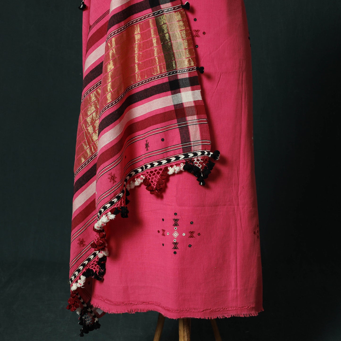 Pink - Kutch Bhujodi Handloom Kala Cotton 3pc Unstitched Dress Material Suit Set 27