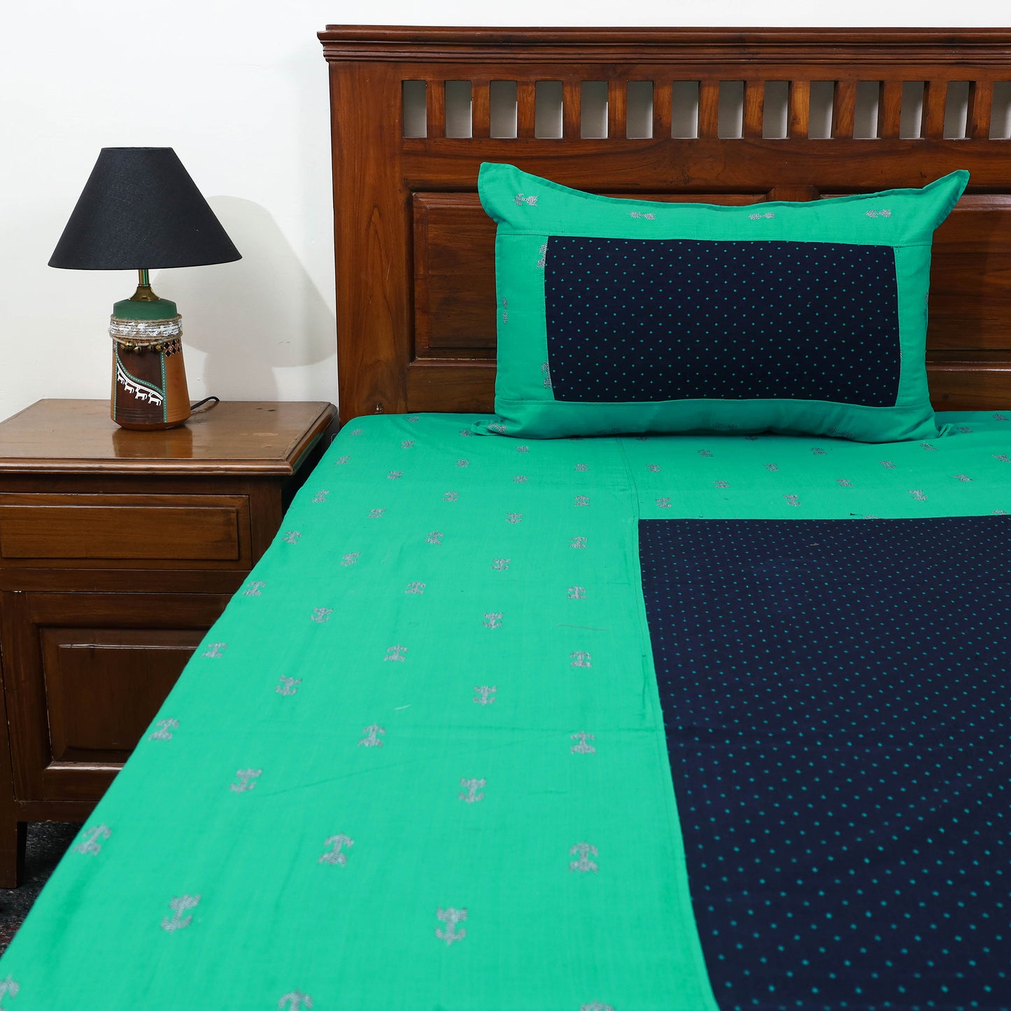 Green - patchwork cotton double jacquard bed sheet set 23