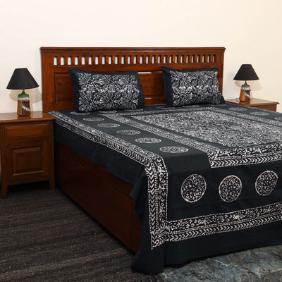 Black - Cotton Double Hand Batik Print Bed Sheet Set 17