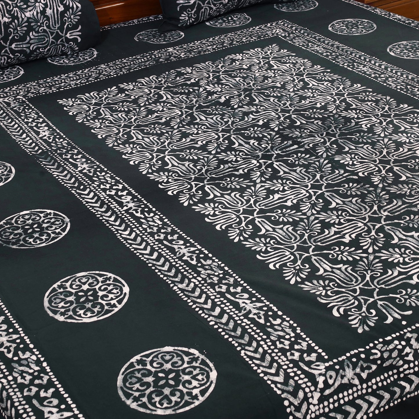 Black - Cotton Double Hand Batik Print Bed Sheet Set 17