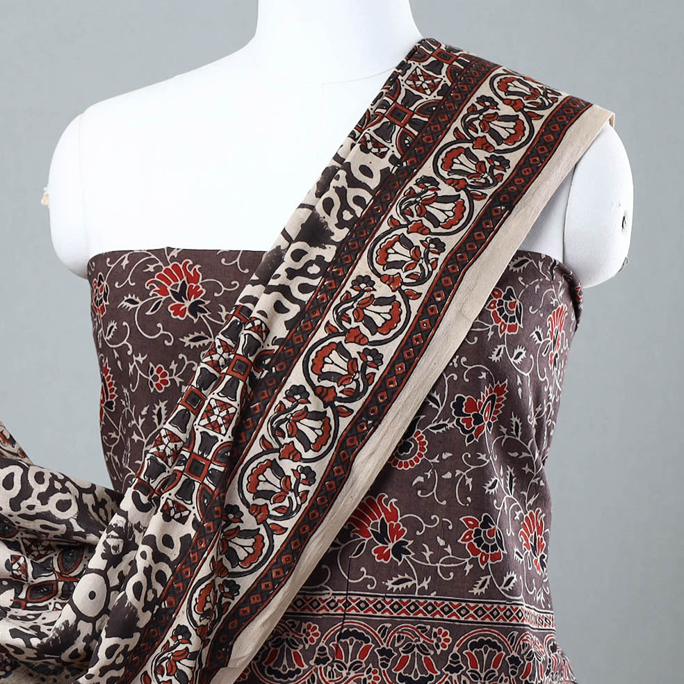Brown - 3pc Ajrakh Block Printed Cotton Suit Material Set