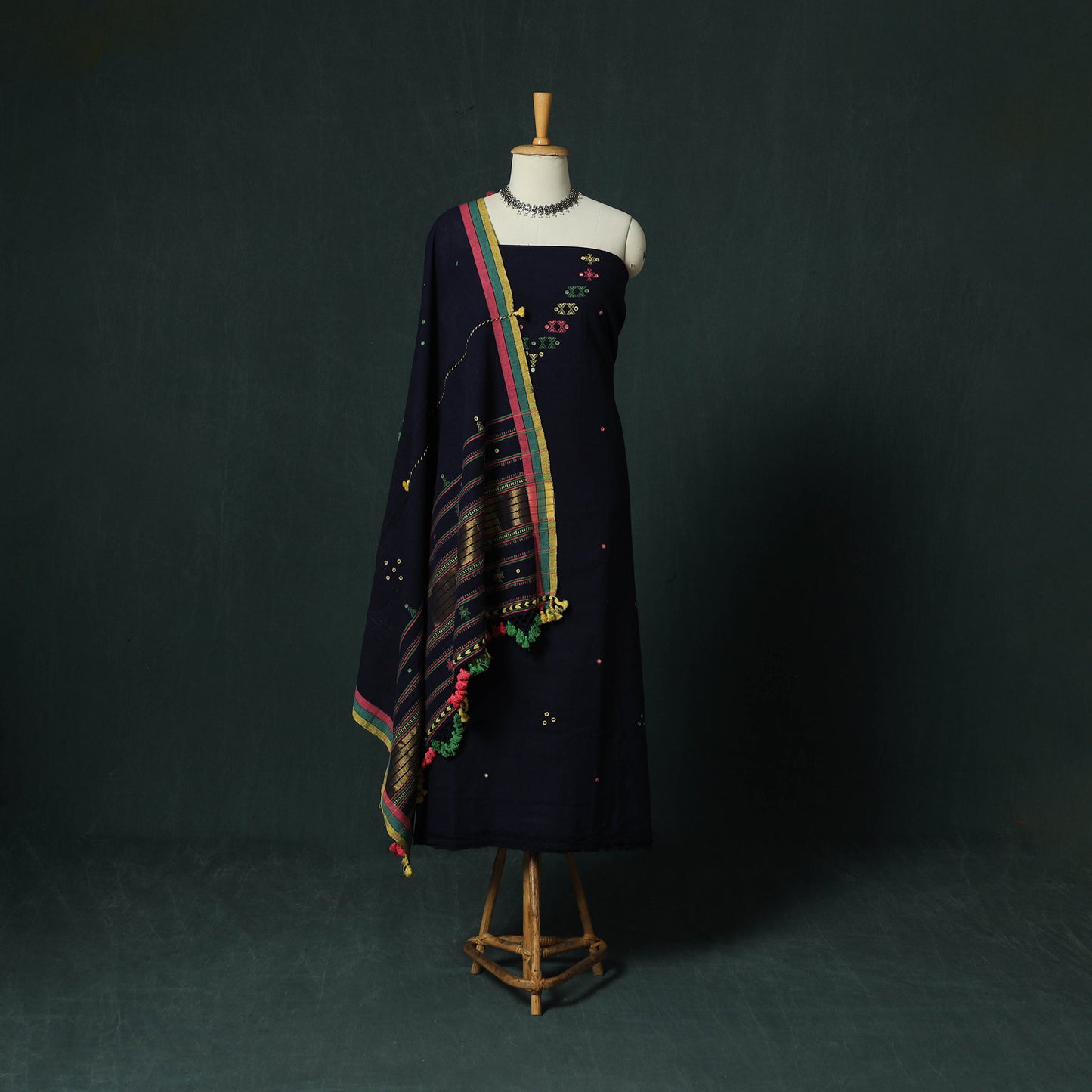 Blue - Kutch Bhujodi Handloom Kala Cotton 3pc Unstitched Dress Material Suit Set 30
