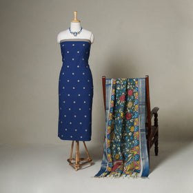 Blue - 2pc Unstitched Jacquard Dress Material with Jewellery Set 24