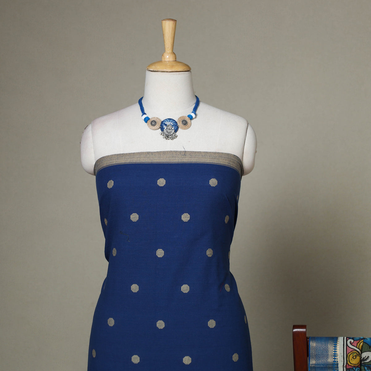 Blue - 2pc Unstitched Jacquard Dress Material with Jewellery Set 24