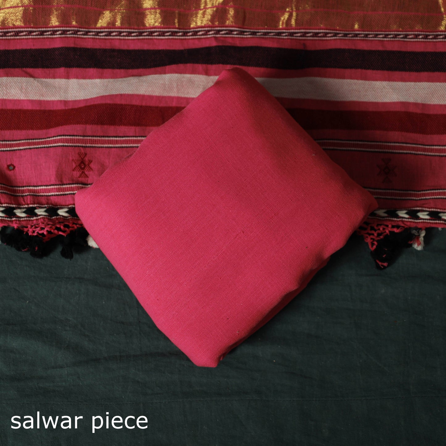 Pink - Kutch Bhujodi Handloom Kala Cotton 3pc Unstitched Dress Material Suit Set 27
