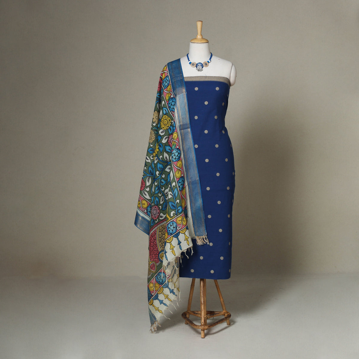 Blue - 2pc Unstitched Jacquard Dress Material with Jewellery Set 24