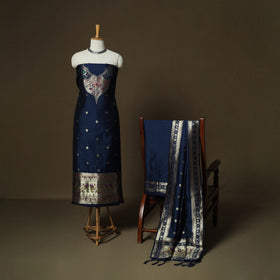 Blue - Bangalore Silk Paithani Weave 3pc Unstitched Dress Material Suit Set 07