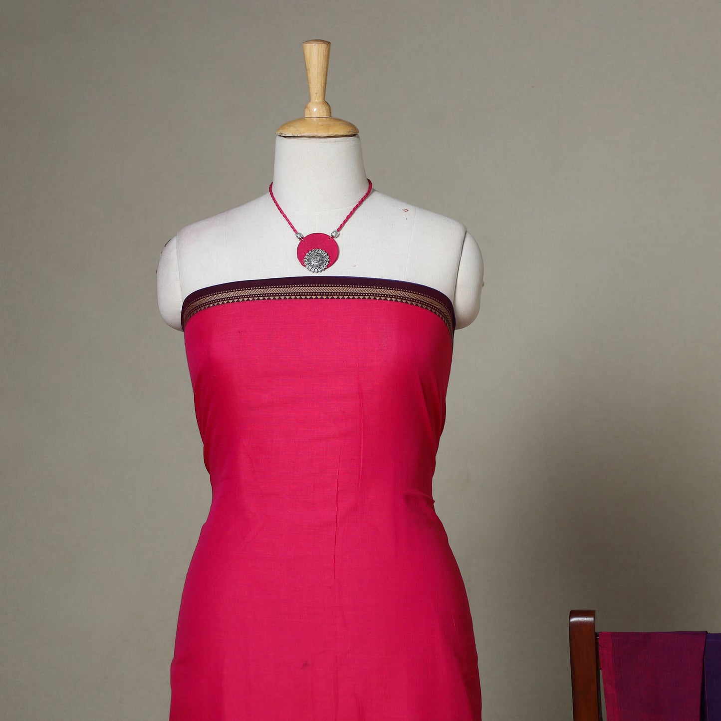 Pink - 2pc unstitched dharwad dress material with jewellery