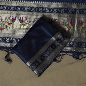 Blue - Bangalore Silk Paithani Weave 3pc Unstitched Dress Material Suit Set 07