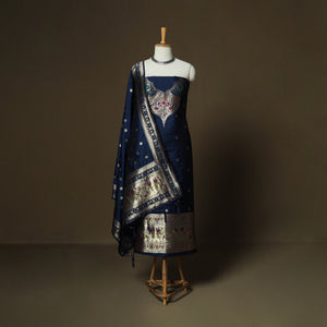 Blue - Bangalore Silk Paithani Weave 3pc Unstitched Dress Material Suit Set 07