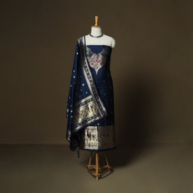 Blue - Bangalore Silk Paithani Weave 3pc Unstitched Dress Material Suit Set 07