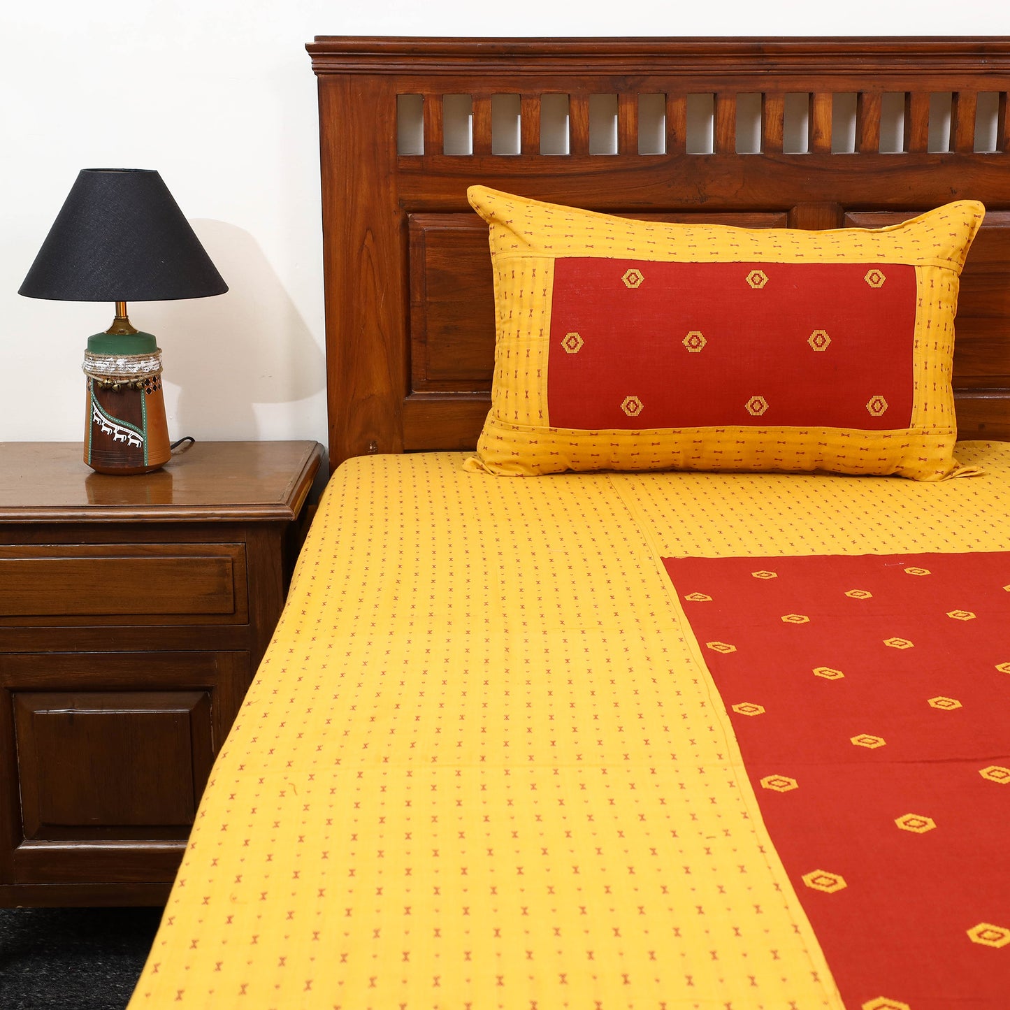 Yellow - patchwork cotton double jacquard bed sheet set 28
