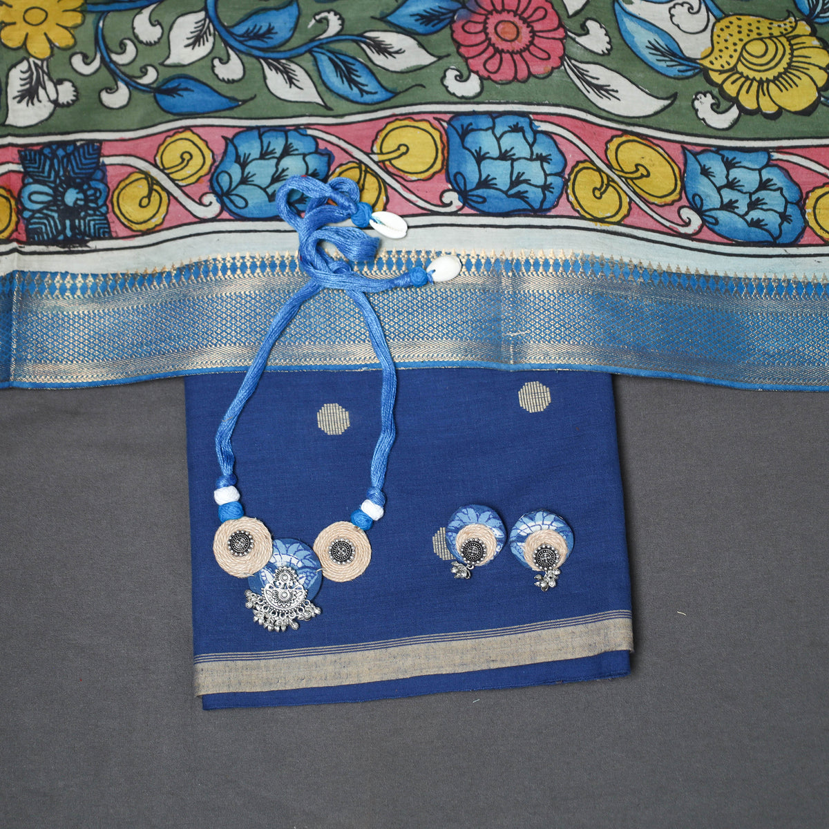 Blue - 2pc Unstitched Jacquard Dress Material with Jewellery Set 24