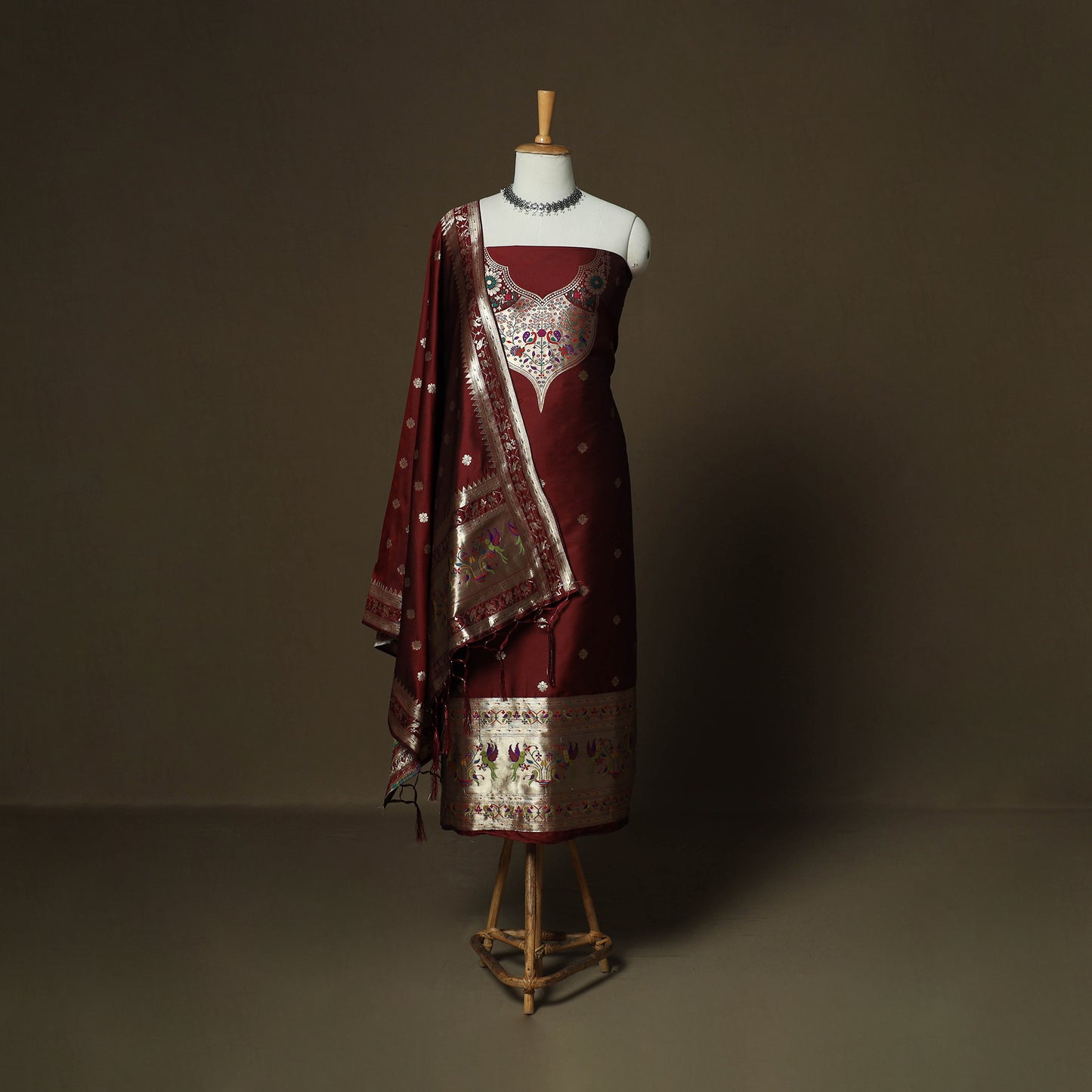 Maroon - Bangalore Silk Paithani Weave 3pc Unstitched Dress Material Suit Set 08