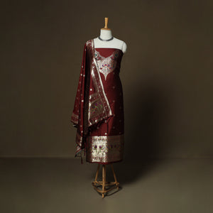 Maroon - Bangalore Silk Paithani Weave 3pc Unstitched Dress Material Suit Set 08