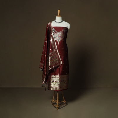 Maroon - Bangalore Silk Paithani Weave 3pc Unstitched Dress Material Suit Set 08