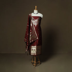 Maroon - Bangalore Silk Paithani Weave 3pc Unstitched Dress Material Suit Set 08