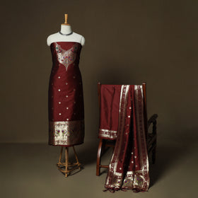 Maroon - Bangalore Silk Paithani Weave 3pc Unstitched Dress Material Suit Set 08