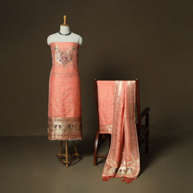 Peach - Bangalore Silk Paithani Weave 3pc Unstitched Dress Material Suit Set 09