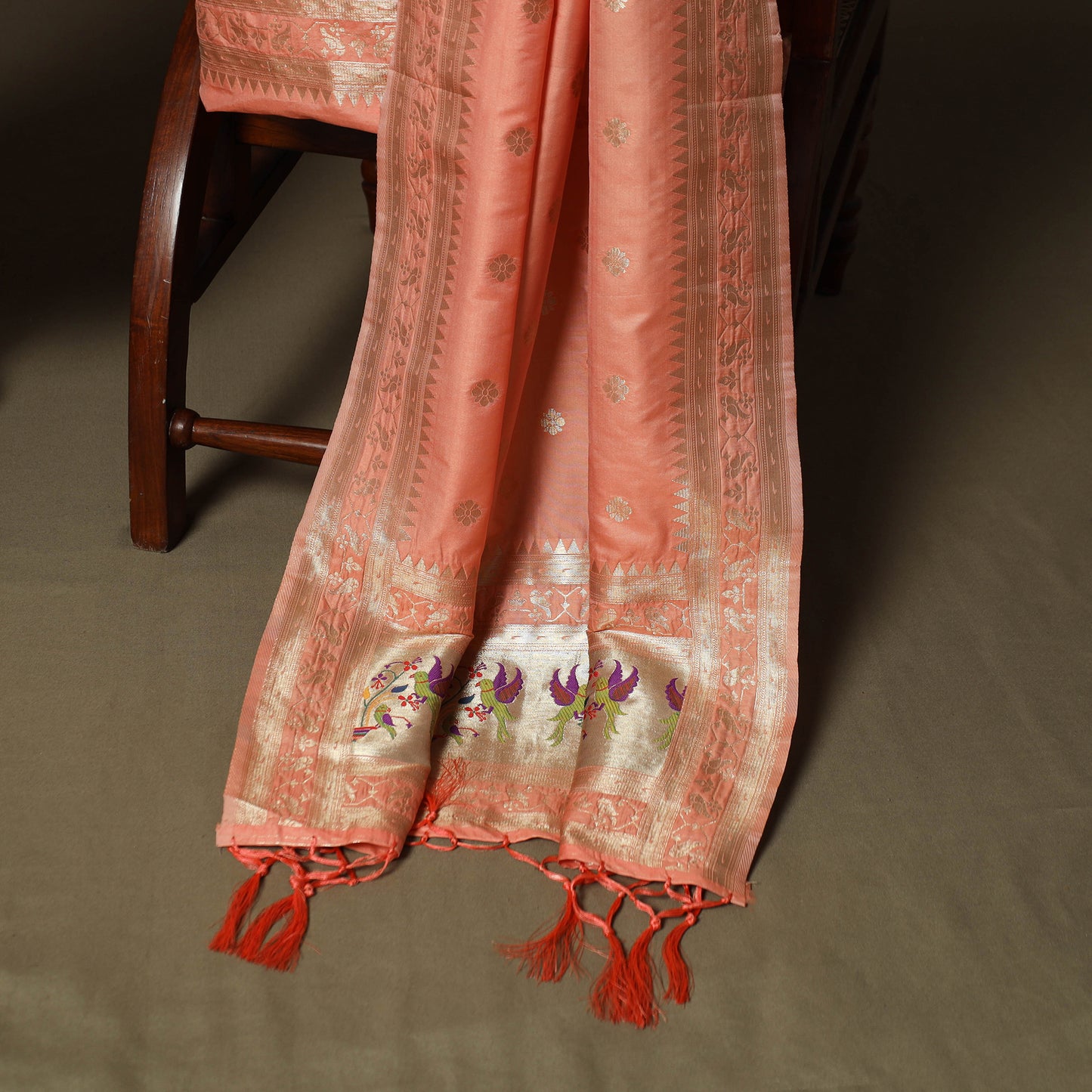 Peach - Bangalore Silk Paithani Weave 3pc Unstitched Dress Material Suit Set 09