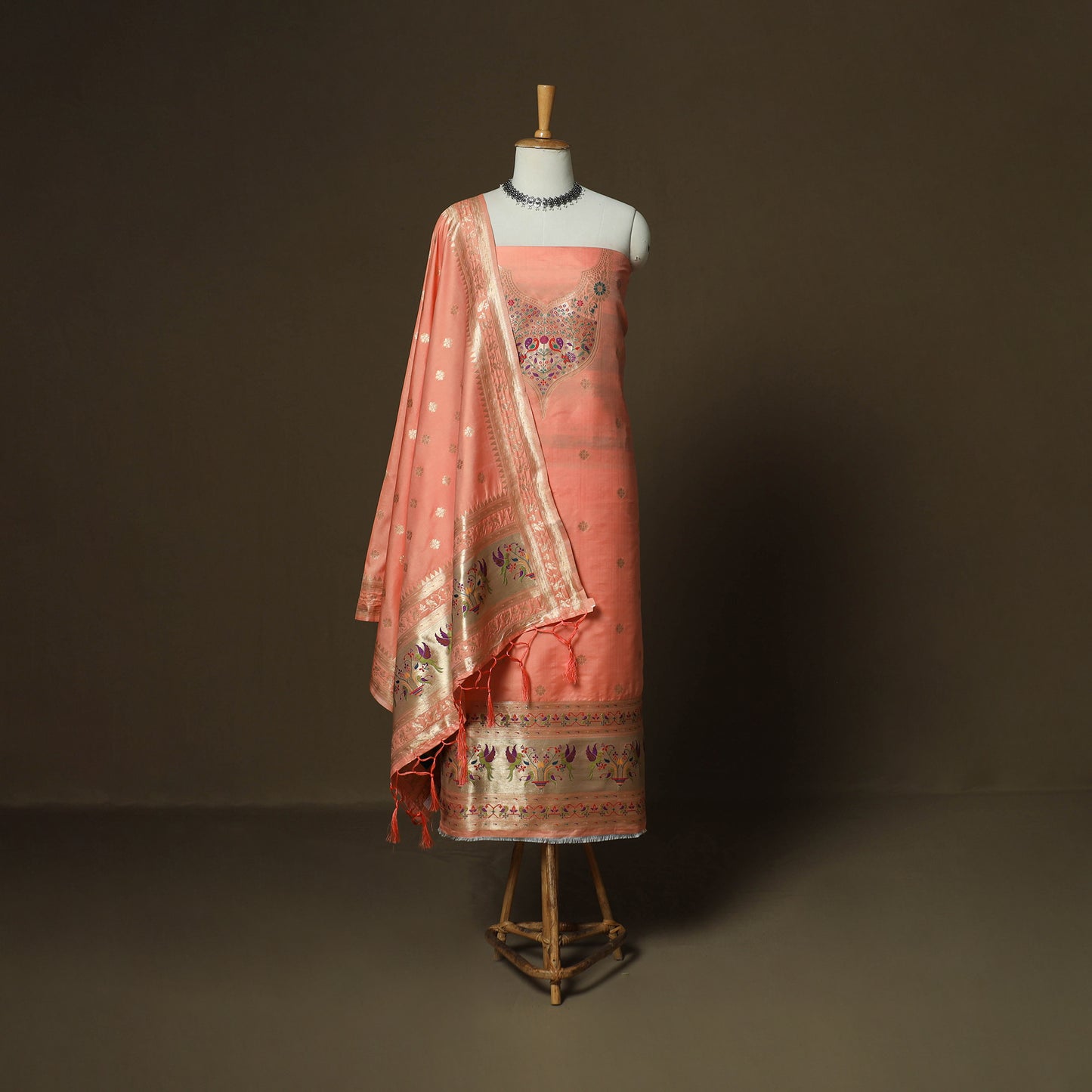 Peach - Bangalore Silk Paithani Weave 3pc Unstitched Dress Material Suit Set 09