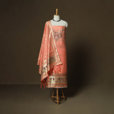Peach - Bangalore Silk Paithani Weave 3pc Unstitched Dress Material Suit Set 09
