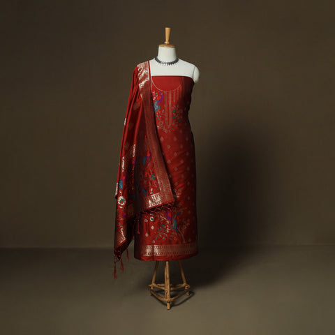 Red - Bangalore Silk Paithani Weave 3pc Unstitched Dress Material Suit Set 10