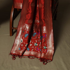 Red - Bangalore Silk Paithani Weave 3pc Unstitched Dress Material Suit Set 10