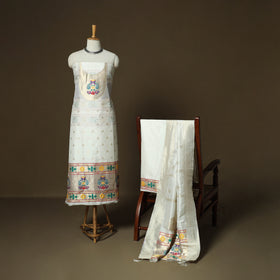 White - Bangalore Silk Paithani Weave 3pc Unstitched Dress Material Suit Set 11