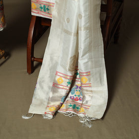 White - Bangalore Silk Paithani Weave 3pc Unstitched Dress Material Suit Set 11