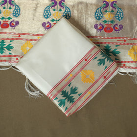 White - Bangalore Silk Paithani Weave 3pc Unstitched Dress Material Suit Set 11