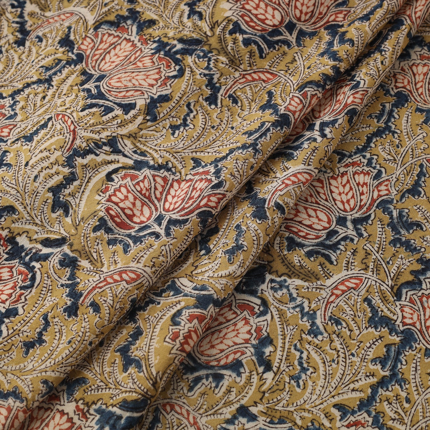 Yellow Natural Dyed Block Print Cotton Pedana Kalamkari Fabric