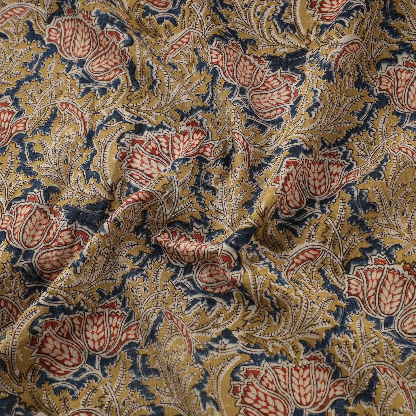 Yellow Natural Dyed Block Print Cotton Pedana Kalamkari Fabric