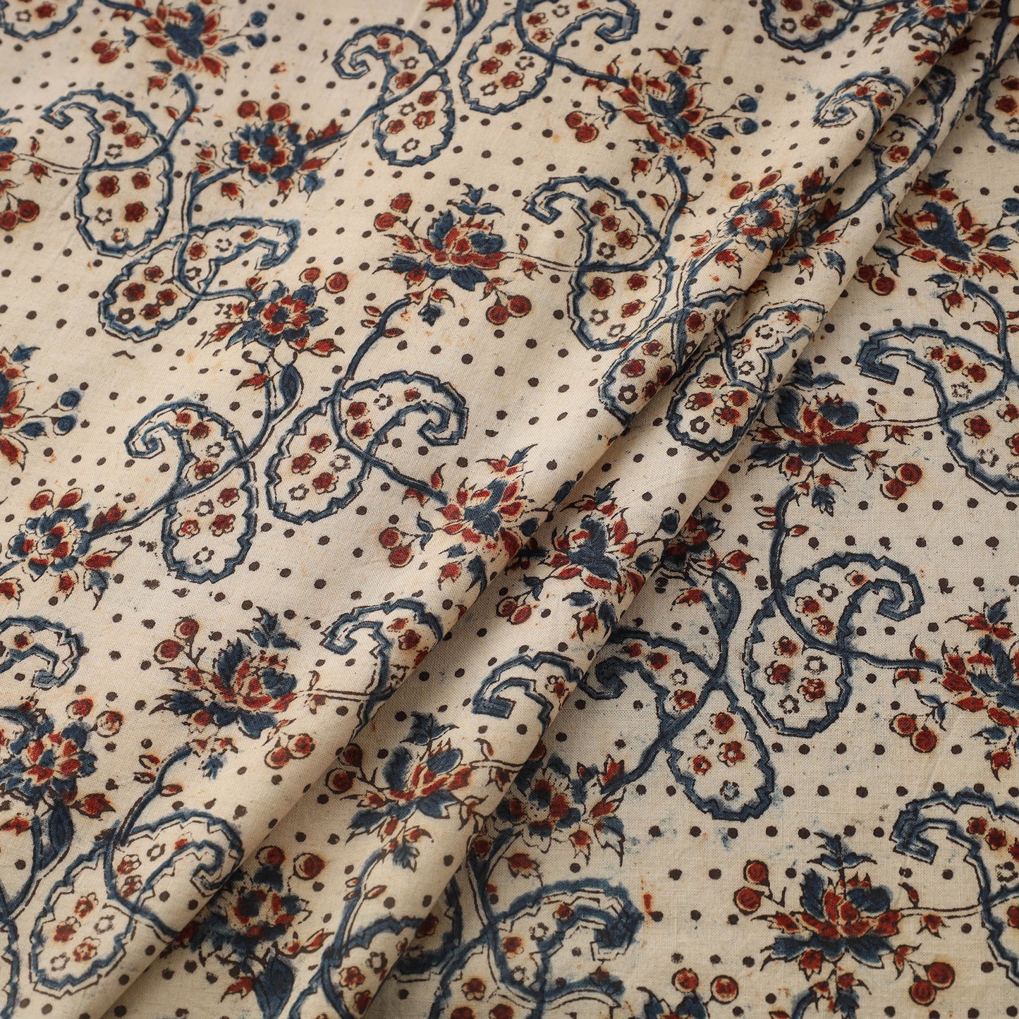 Beige Natural Dyed Block Print Cotton Pedana Kalamkari Fabric