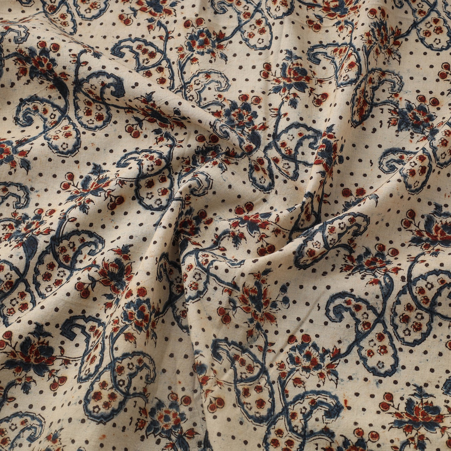 Beige Natural Dyed Block Print Cotton Pedana Kalamkari Fabric
