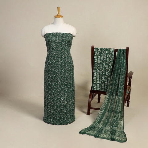 Green - 3pc Cotton Unstitched Kutch Batik Print Dress Material 02