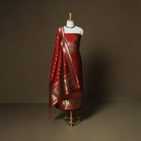 Red - Bangalore Silk Paithani Weave 3pc Unstitched Dress Material Suit Set 12
