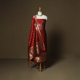 Red - Bangalore Silk Paithani Weave 3pc Unstitched Dress Material Suit Set 12