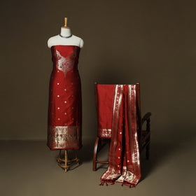 Red - Bangalore Silk Paithani Weave 3pc Unstitched Dress Material Suit Set 12