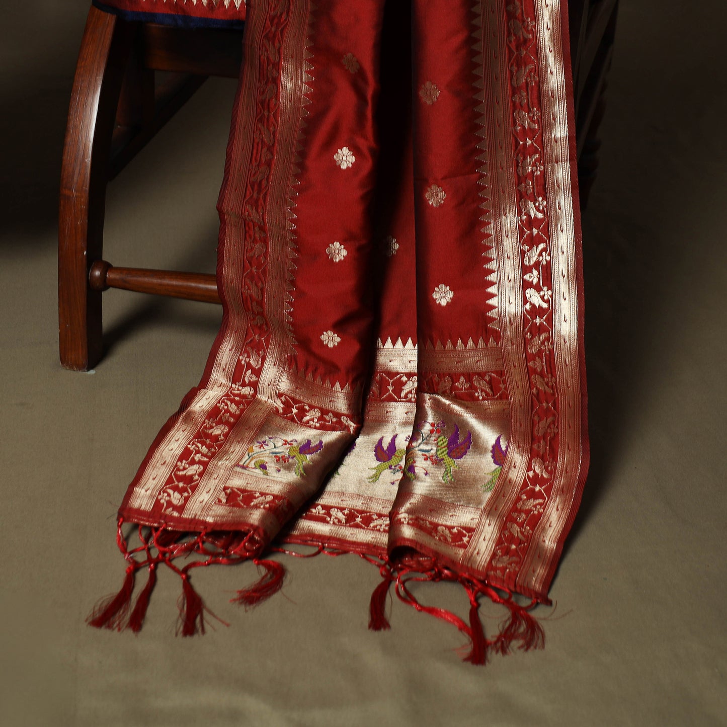 Red - Bangalore Silk Paithani Weave 3pc Unstitched Dress Material Suit Set 12