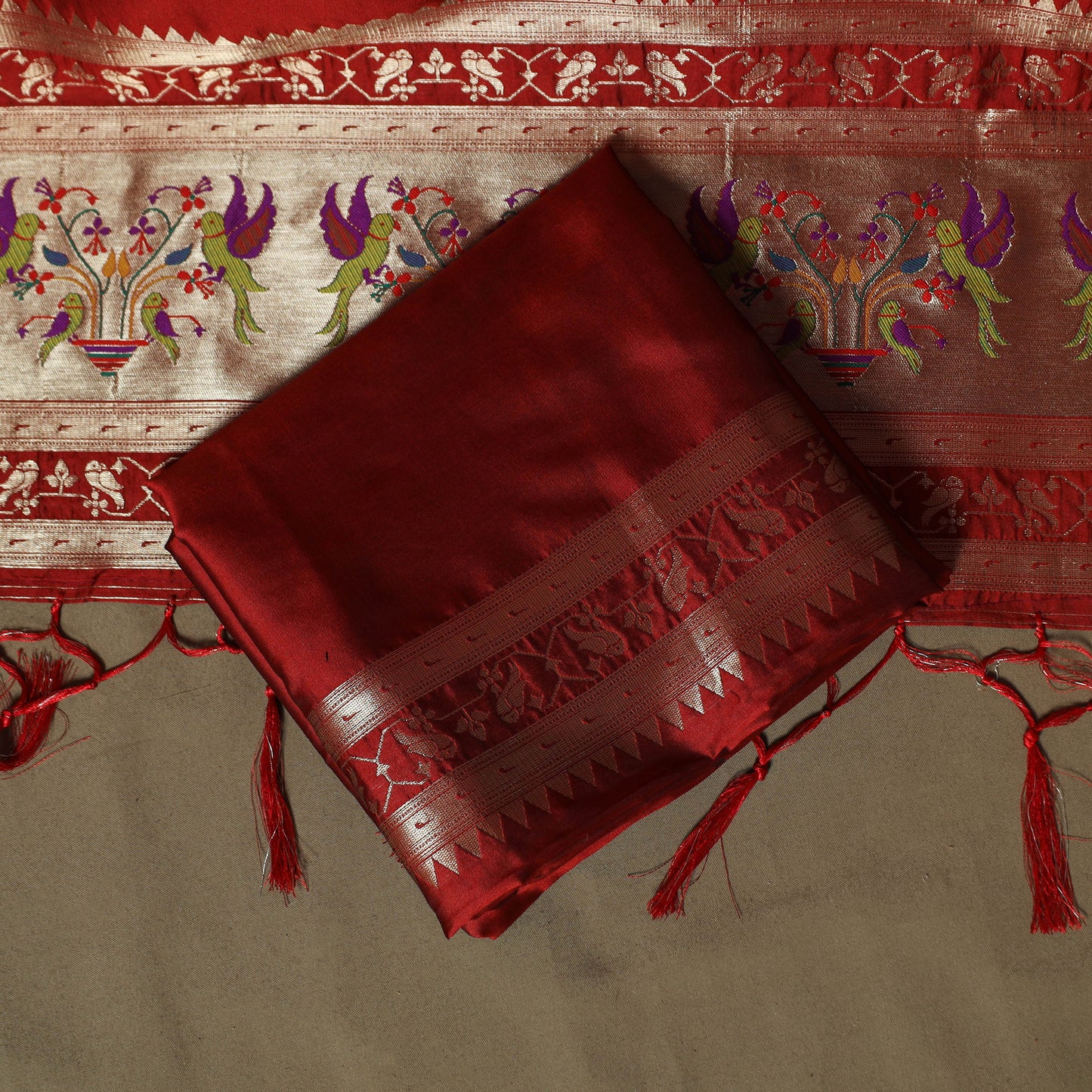 Red - Bangalore Silk Paithani Weave 3pc Unstitched Dress Material Suit Set 12