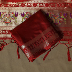 Red - Bangalore Silk Paithani Weave 3pc Unstitched Dress Material Suit Set 12