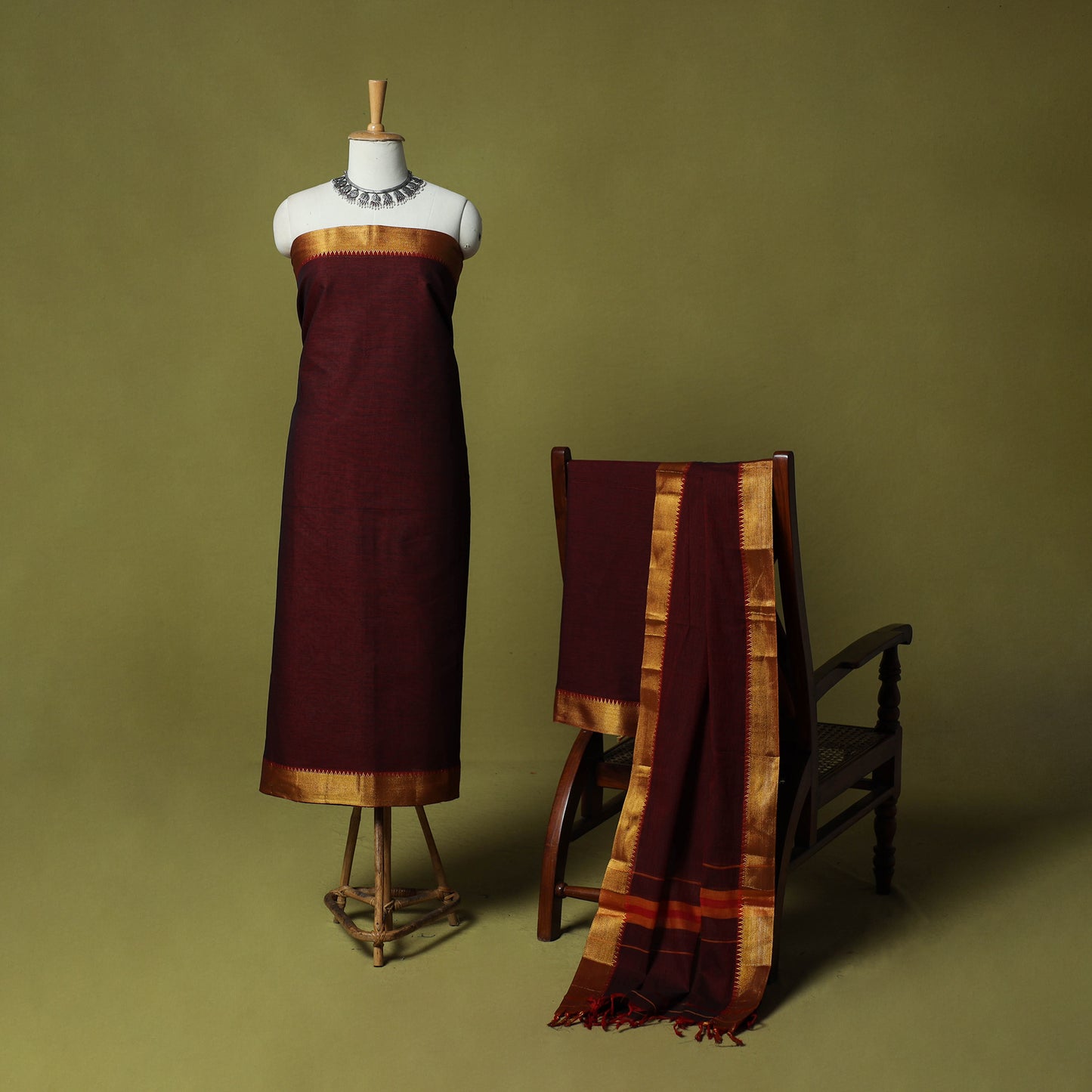 Dharwad Cotton 3pc Unstitched Dress Material Suit Set with Woven Zari Border 79