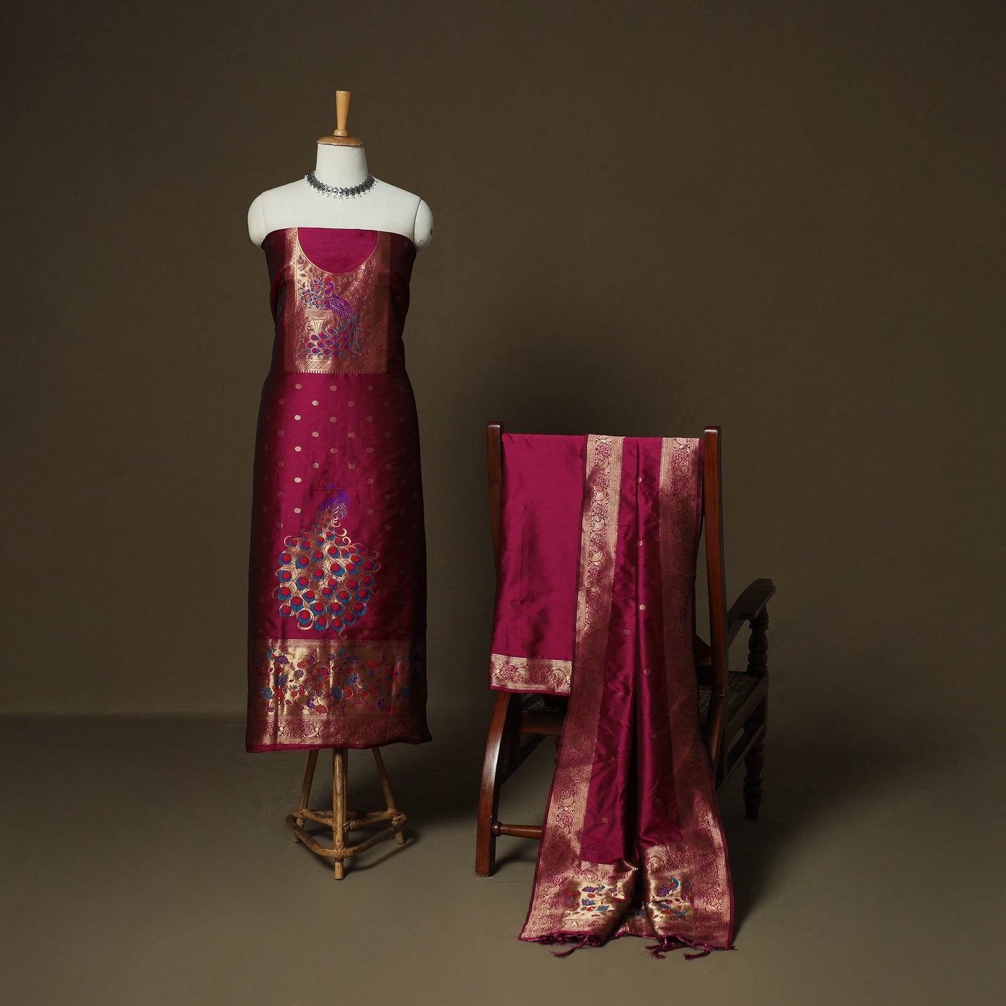 Purple - Bangalore Silk Paithani Weave 3pc Unstitched Dress Material Suit Set 13